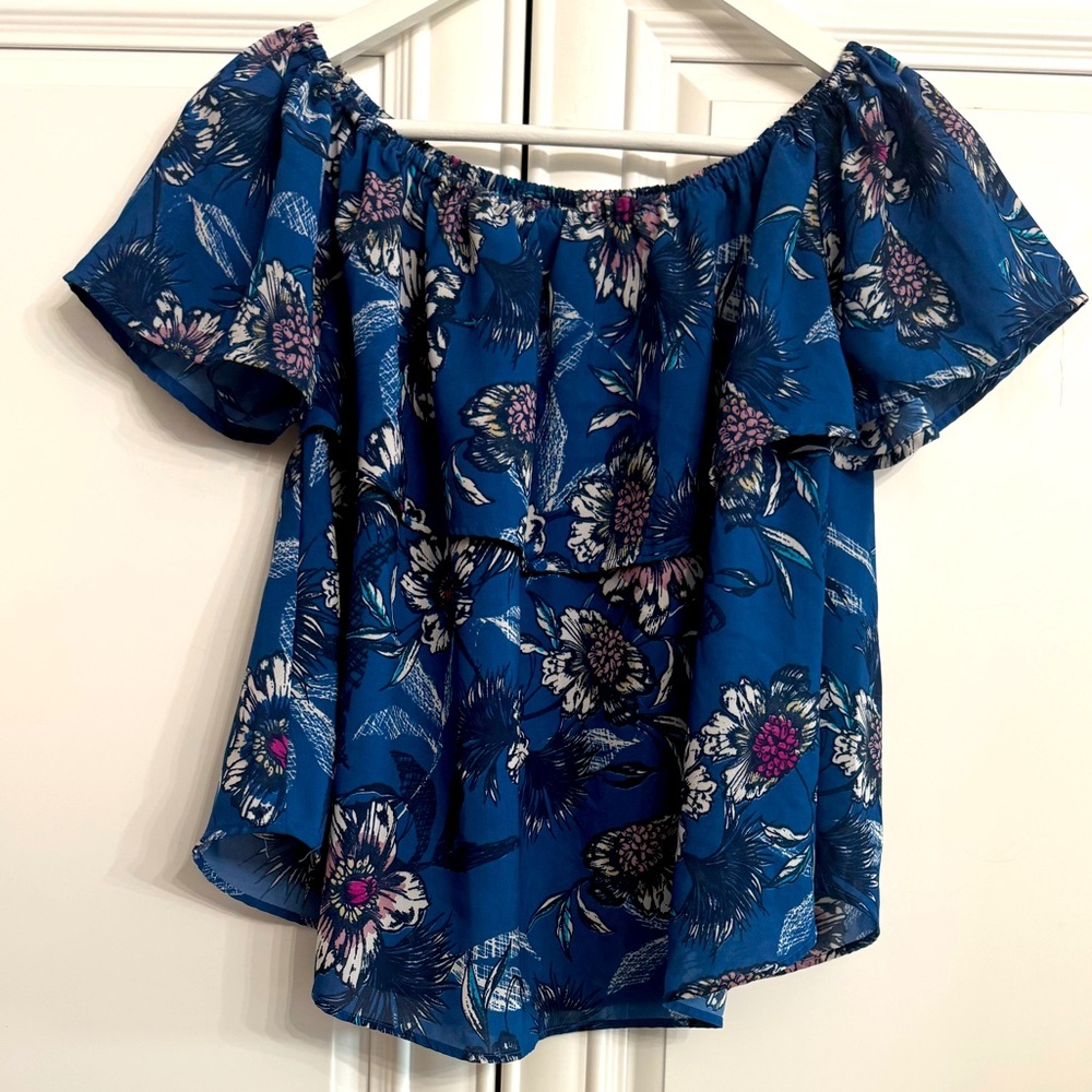 Japna Medium Off Shoulder Ruffled Neckline Flutter Sleeves Blue Floral Blouse